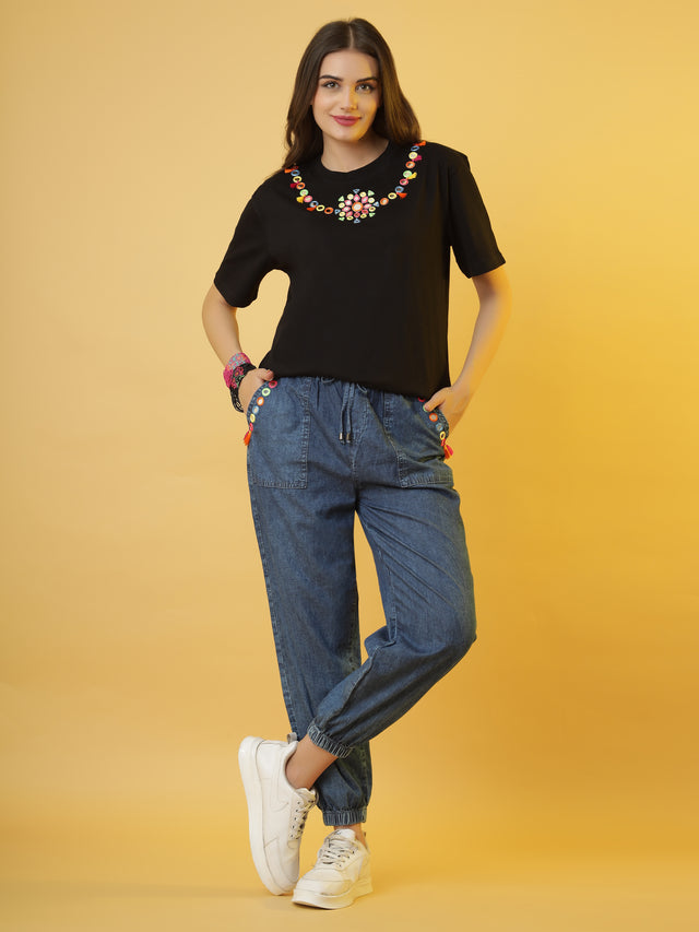 The 'Jet-Set-Gypsy' Set with Black Tee and Denim Jogger