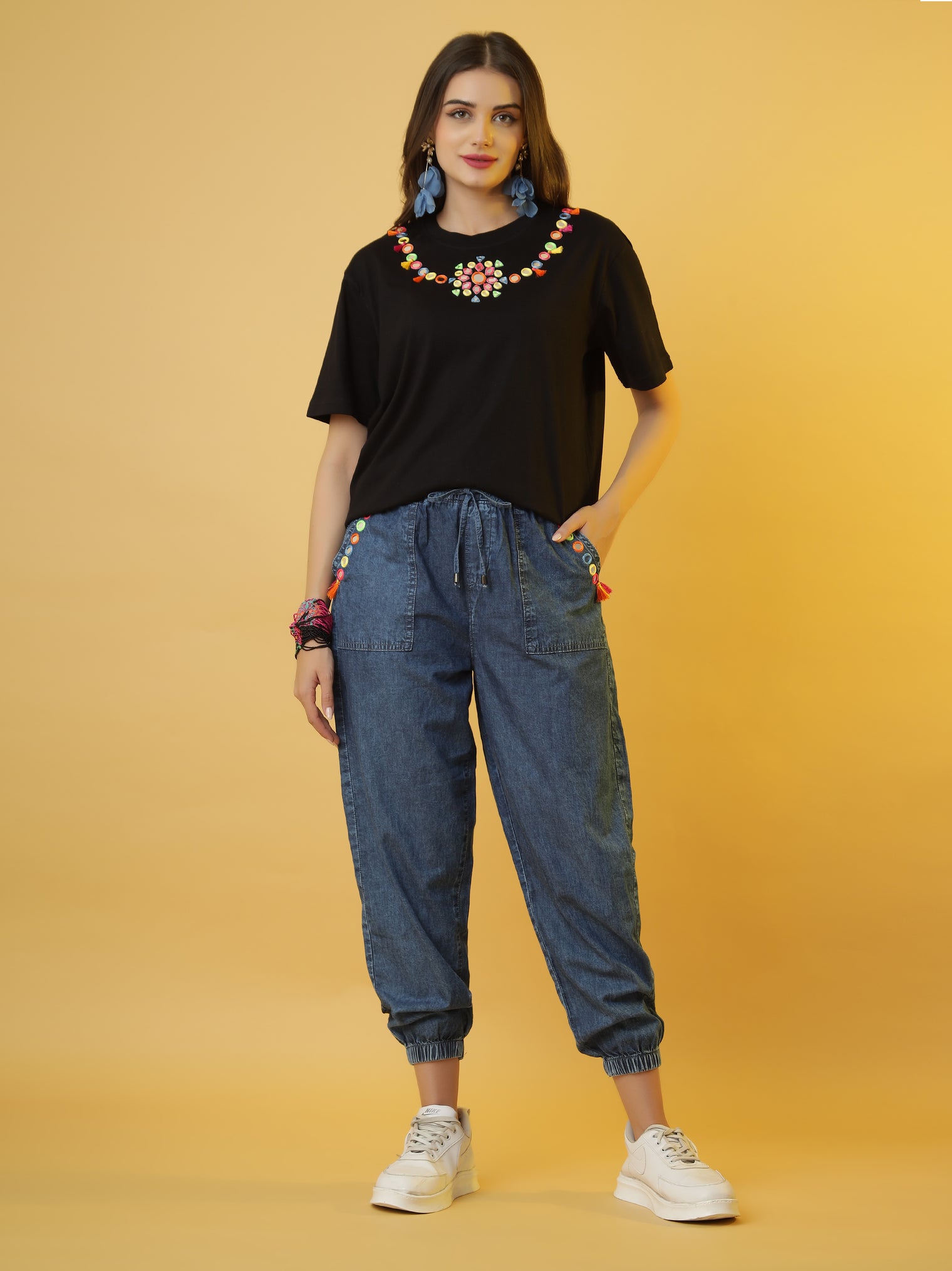 The 'Jet-Set-Gypsy' Set with Black Tee and Denim Jogger