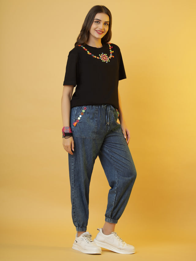 The 'Jet-Set-Gypsy' Set with Black Tee and Denim Jogger