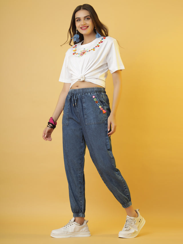 The 'Jet-Set-Gypsy' Set with White Tee and Denim Jogger
